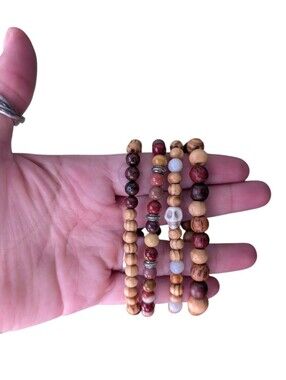 Handmade Mixed Wood and Stone Bead Bracelet Set - Natural Brown & Red